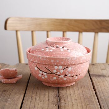6.5 Inch Japanese Style Creative Hand-Painted Ceramic Tableware Cover Bowl Household Noodle Bowl Thermal Insulation Soup Vegetable Bowl with Lid