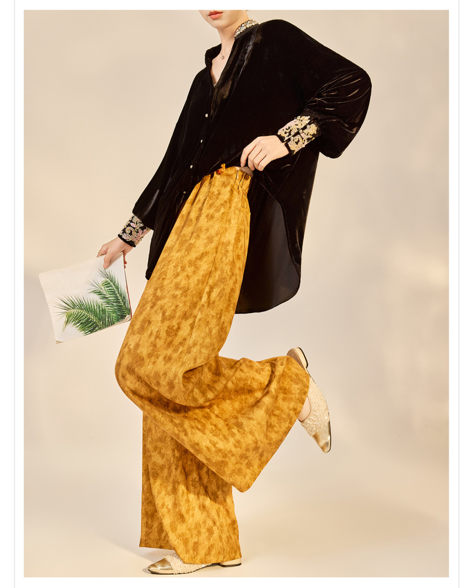 Quần ống rộng nữ họa tiết in hai mặt thắt lưng dây buộc phong cách nhẹ nhàng P9028 — Amber (7 ngày)
