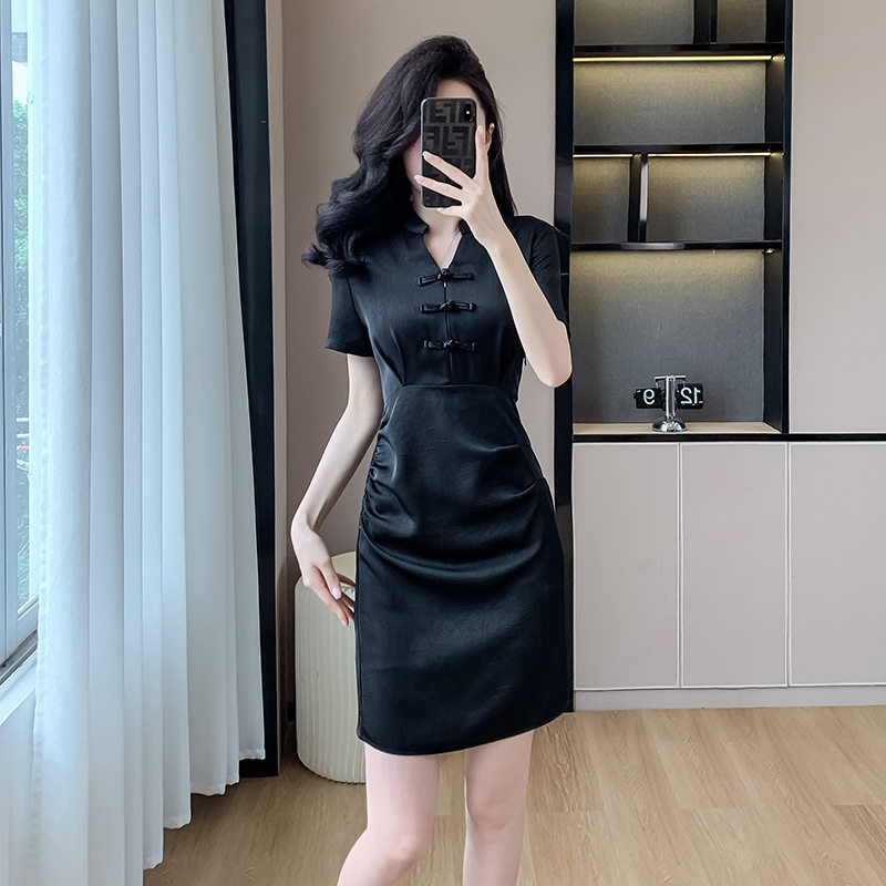 Váy Đầm Nữ Dáng Ôm Chiết Eo Phong Cách Trung Hoa Cổ Điển Màu Đen