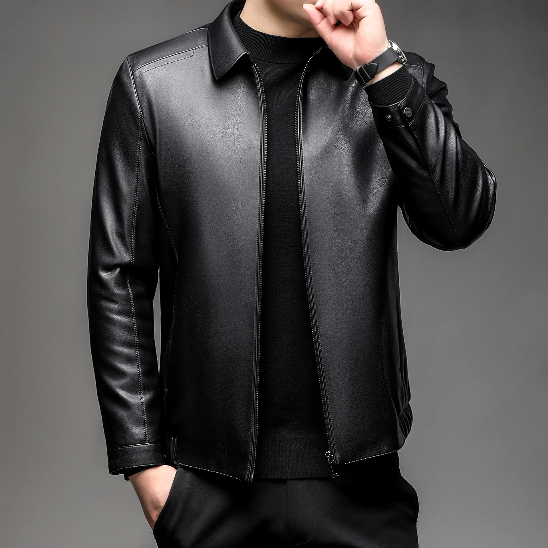 Áo Da Nam Kín Cổ Hàng Mùa Xuân Thu Đông Trung Niên