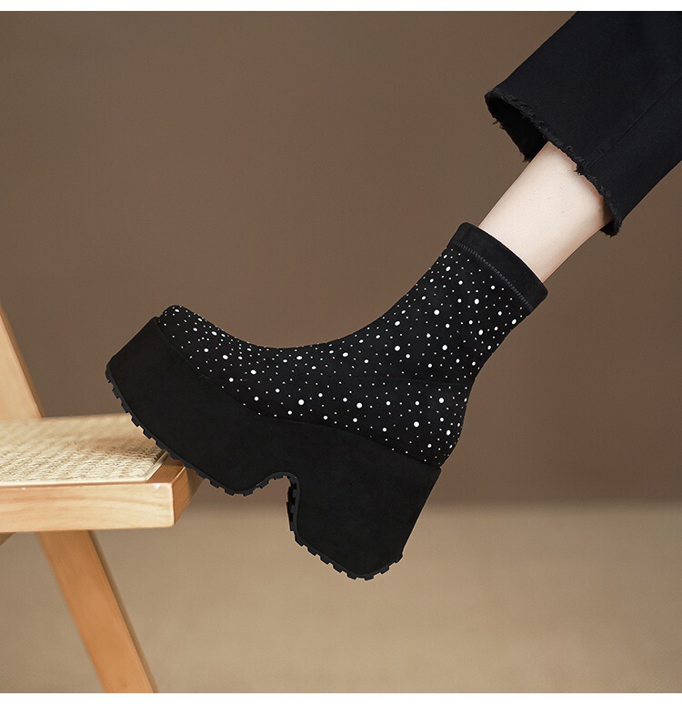 Boot nữ cổ thấp gót siêu cao 11cm đế xuồng đính đá pha lê — Lớp lót đơn màu be, Lớp lót đơn màu đen, Lót nhung đen, Lót nhung màu be
