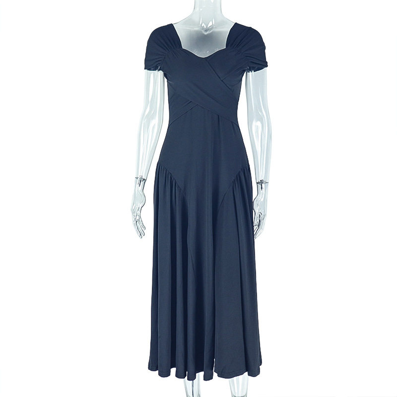 Elegant A Line Maxi Dress V Neck Short Sleeve Pleated Backless Perfect for Evening Events Wholesale Available