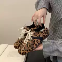Leopard print horsehair women's training shoes 2026 new vintage flat lace-up casual shoes genuine leather round-toe sports sneakers