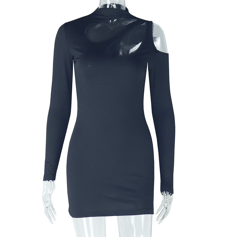 Fashionable Womens Bodycon Dress Solid Color Hollow Out Off Shoulder Long Sleeve Stand Collar Evening Wear