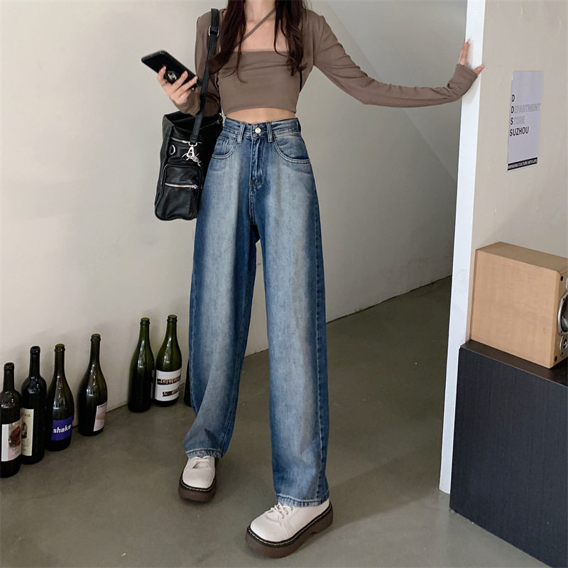 High Waisted Wide Leg Jeans for Women Gradient Color Loose Fit Floor Length Stylish Design Spring and Autumn