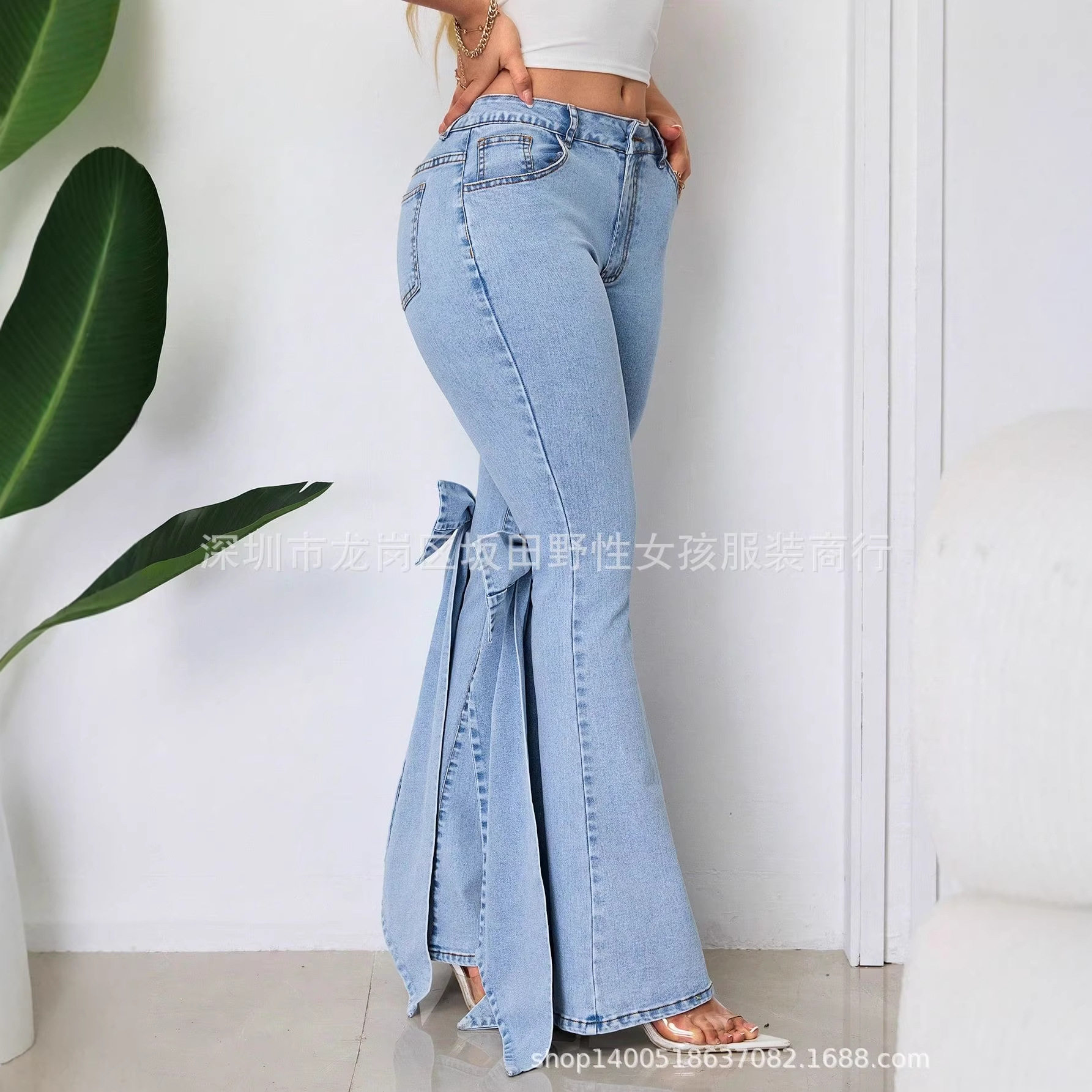 High Waisted Flared Jeans Vintage Style 3D Bow Detail Slim Fit Stretch Fabric Casual Wear Wholesale Available
