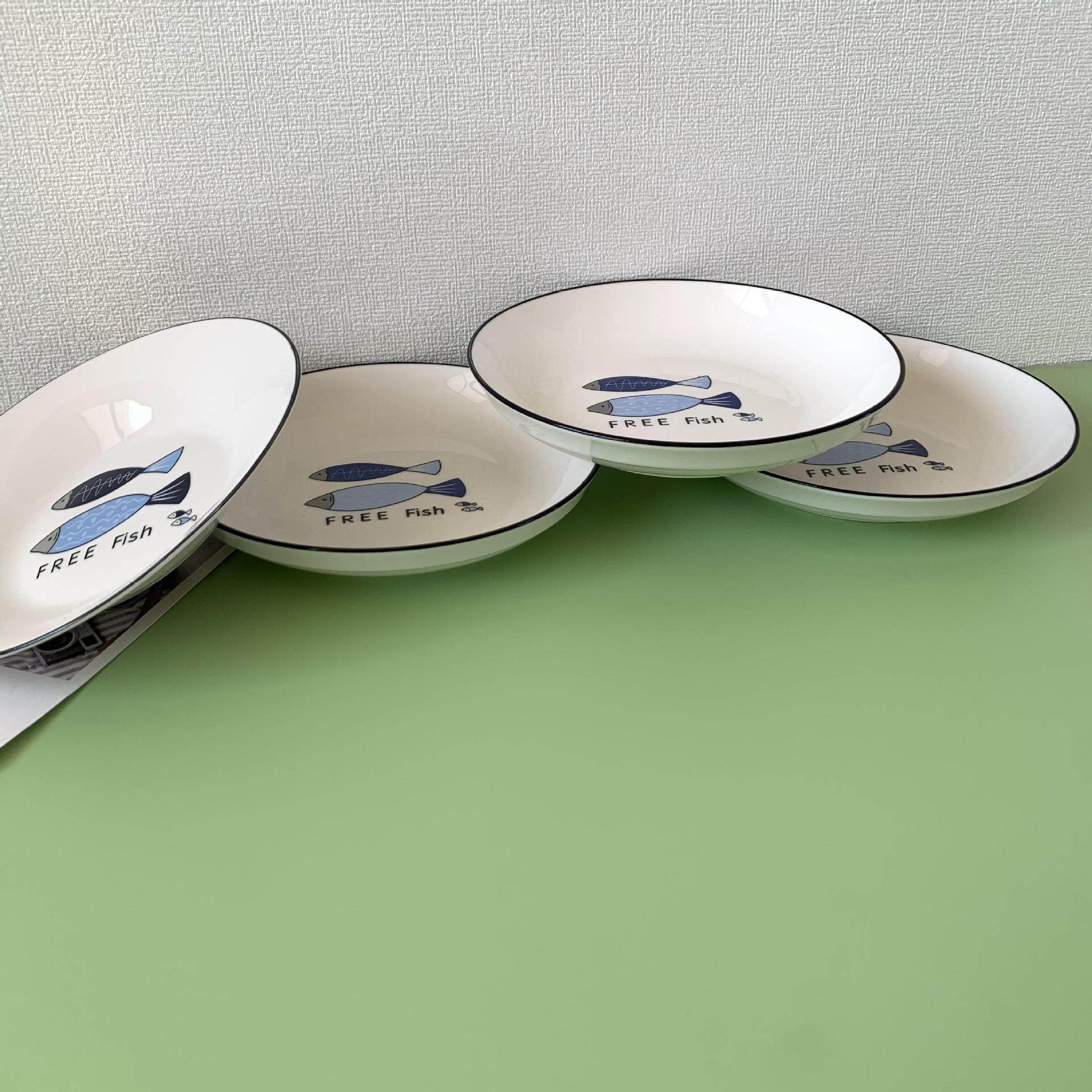 Wholesale blue fish 8 inch fruit plate soup plate series household ceramic plate household rice plate stall plate two dollar store