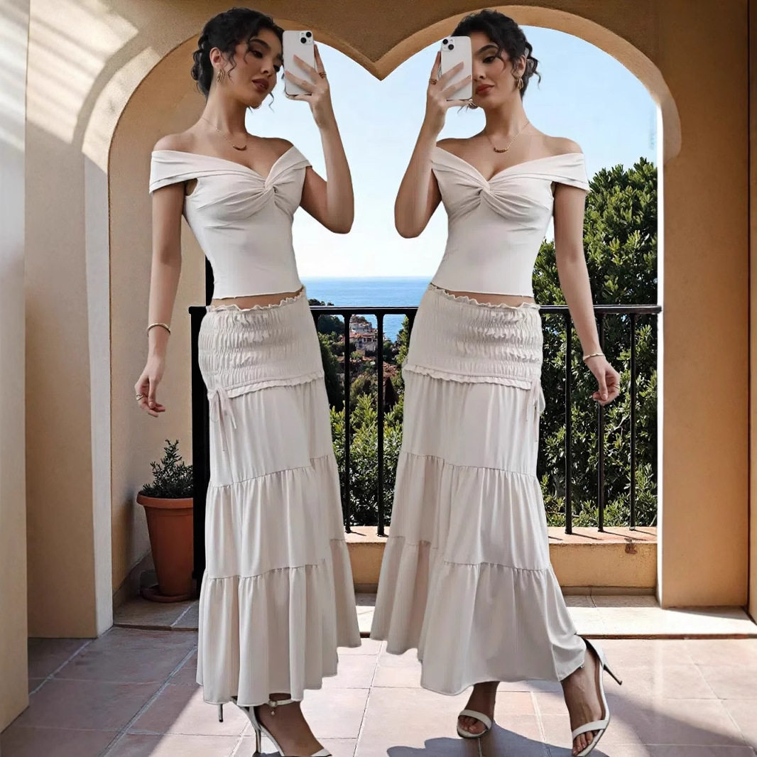 Summer Womens Two Piece Set Crop Top with Low Neckline Ruffled Skirt Chic French Style for Casual Outings Wholesale