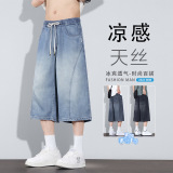 Укороченные джинсы Tencel, мужские летние тонкие свободные прямые укороченные брюки, молодежные шорты, мужские брюки
