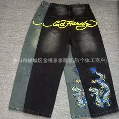 Foreign Trade American-style Retro Hip-hop Color Embroidered Washed Jeans Loose Straight Wide-leg Skateboard Pants Trendy Trousers for Men