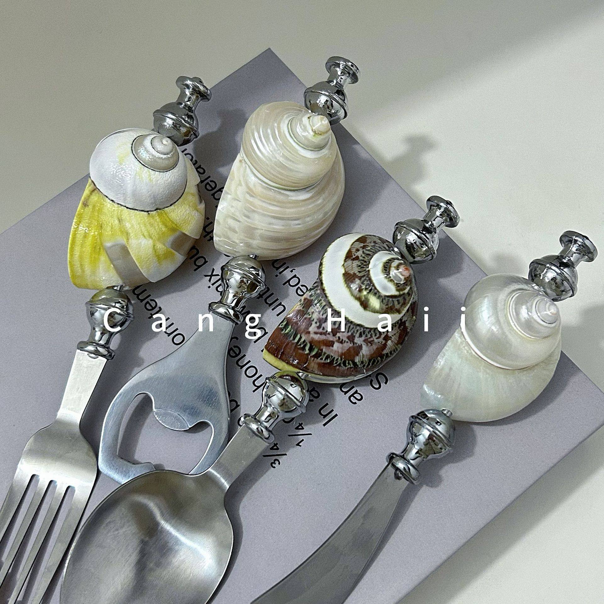 Natural Conch Shell Pearl Fork Bottle Opener Tableware Pasta Pearl Metal Stainless Steel Ocean Style Meal