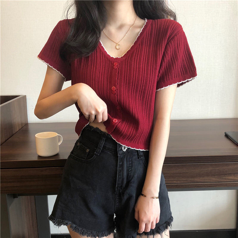 Womens Summer T Shirt Sweet Style Slim Fit V Neck Short Sleeve Ice Silk Casual Wear Low MOQ Available