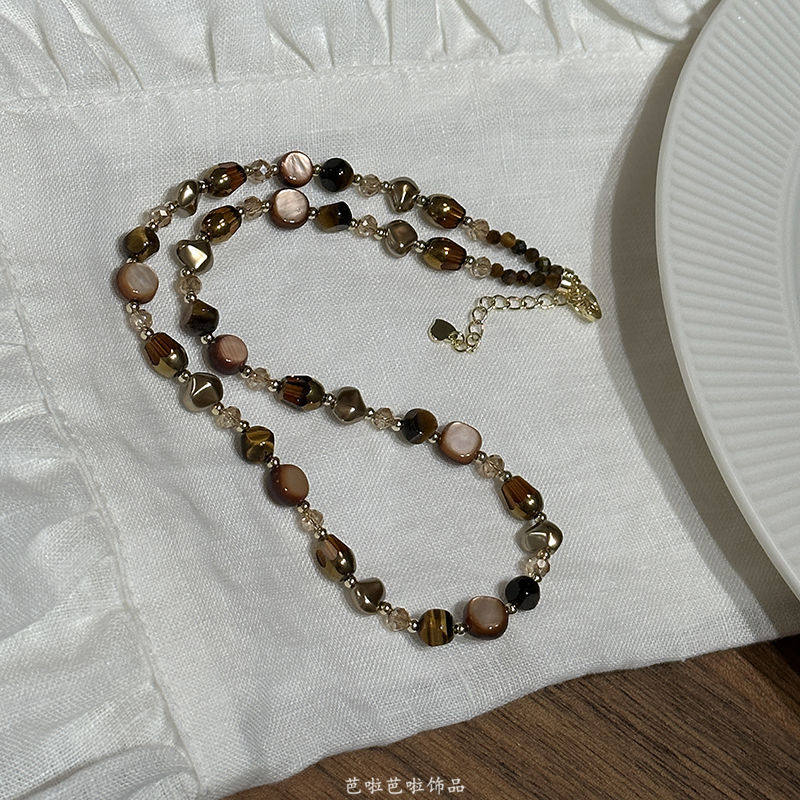 Maillard Natural Stone Tiger Eye brown Pearl Beaded Necklace High-grade Women's 2025 Autumn and Winter New Woolen Chain