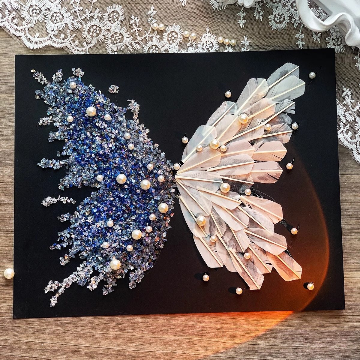 Ice Blue Crystal Feather Butterfly Photo Frame DIY Handmade Material Package Desktop Table Photo Frame Chinese Valentine's Day Gift