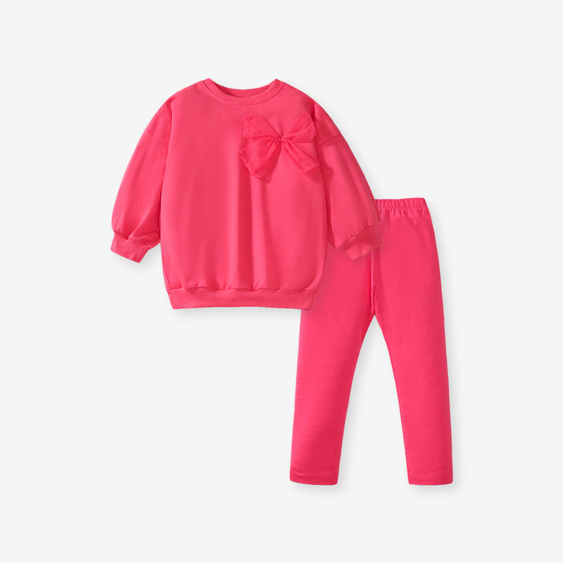 Girls' New Autumn Solid Color Long-Sleeve Casual Sports Set, Kids' Outfit
