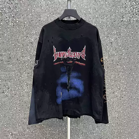 23SS New B Family High Version ReflecTion Tower Washed Old Splicing Long-sleeved T-shirT Loose Men's and Women's Same STyle T-shirT