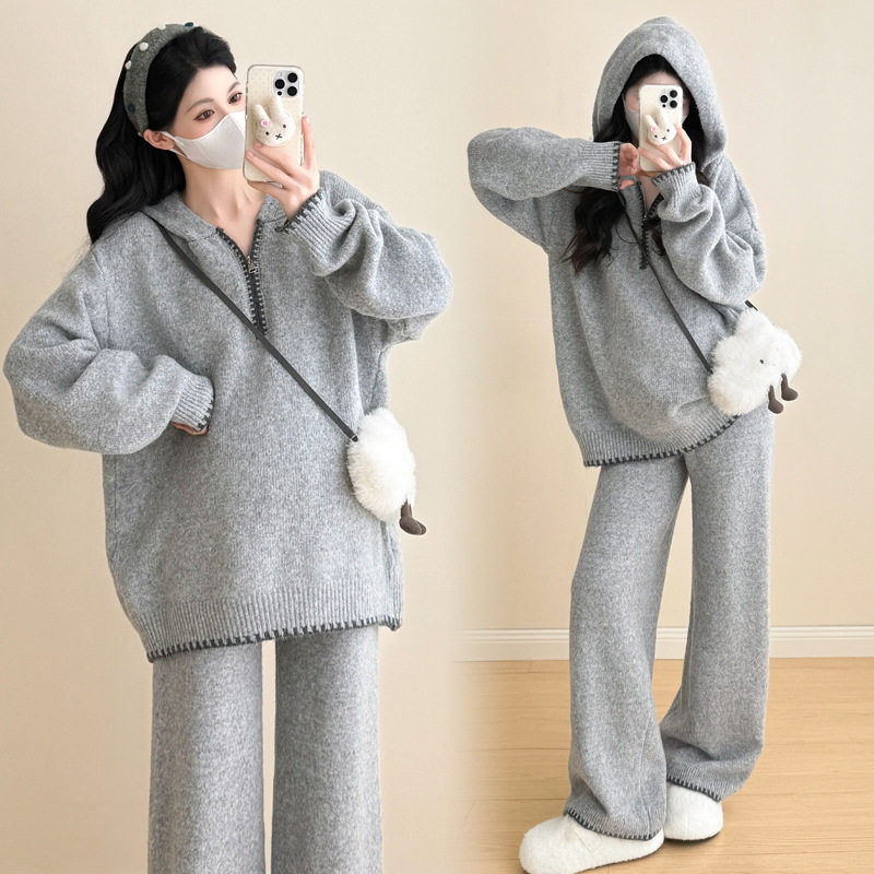 2025 Autumn and Winter Maternity Wear New Korean Style Temperament Hooded Pullover Knitted Top Maternity Wide Leg Pants Suit