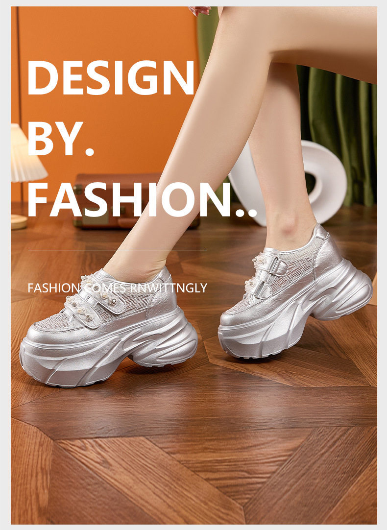 Giày sneaker nữ chunky đế dày màu trắng, form mũi tròn, phong cách thể thao casual — Bạc, Trắng chi tiết 10
