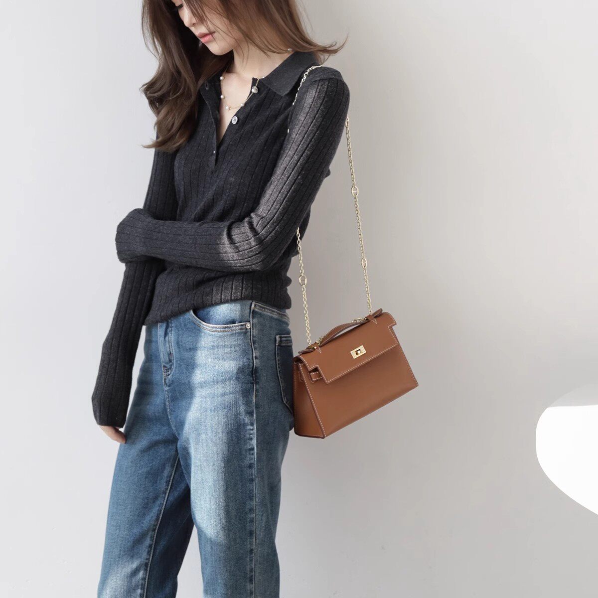 MZOXMO气质polo领优雅大方澳洲美丽诺羊毛竖条纹针织衫女春秋毛衣