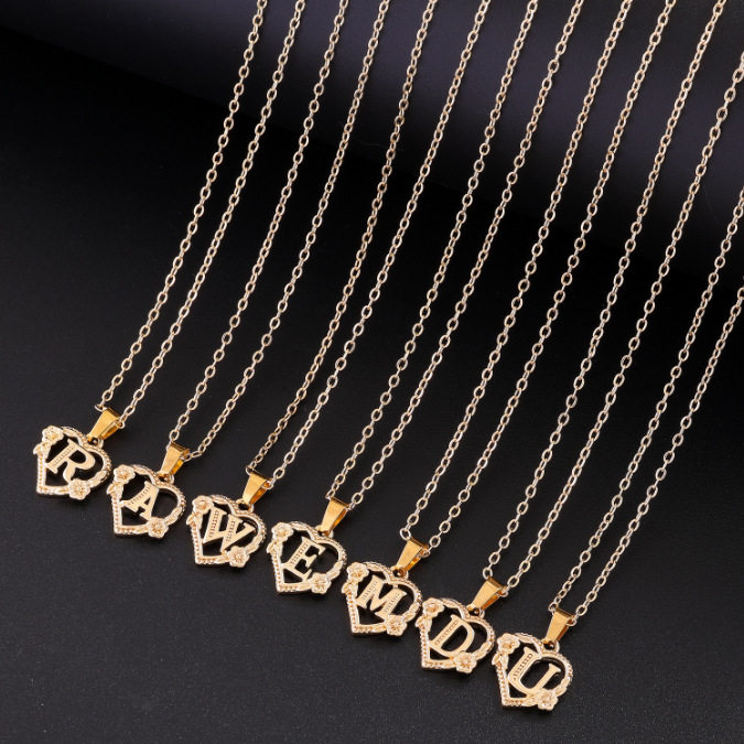 Copper Hollow Heart Letter Versatile 26-Letter Diamond Pendant Necklace Collarbone Chain