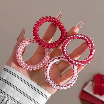 Red Telephone Line Hair Ring High Elastic Durable Rubber Band Low Ponytail Ball Head Tie Hair Rope New Year Headwear for Women