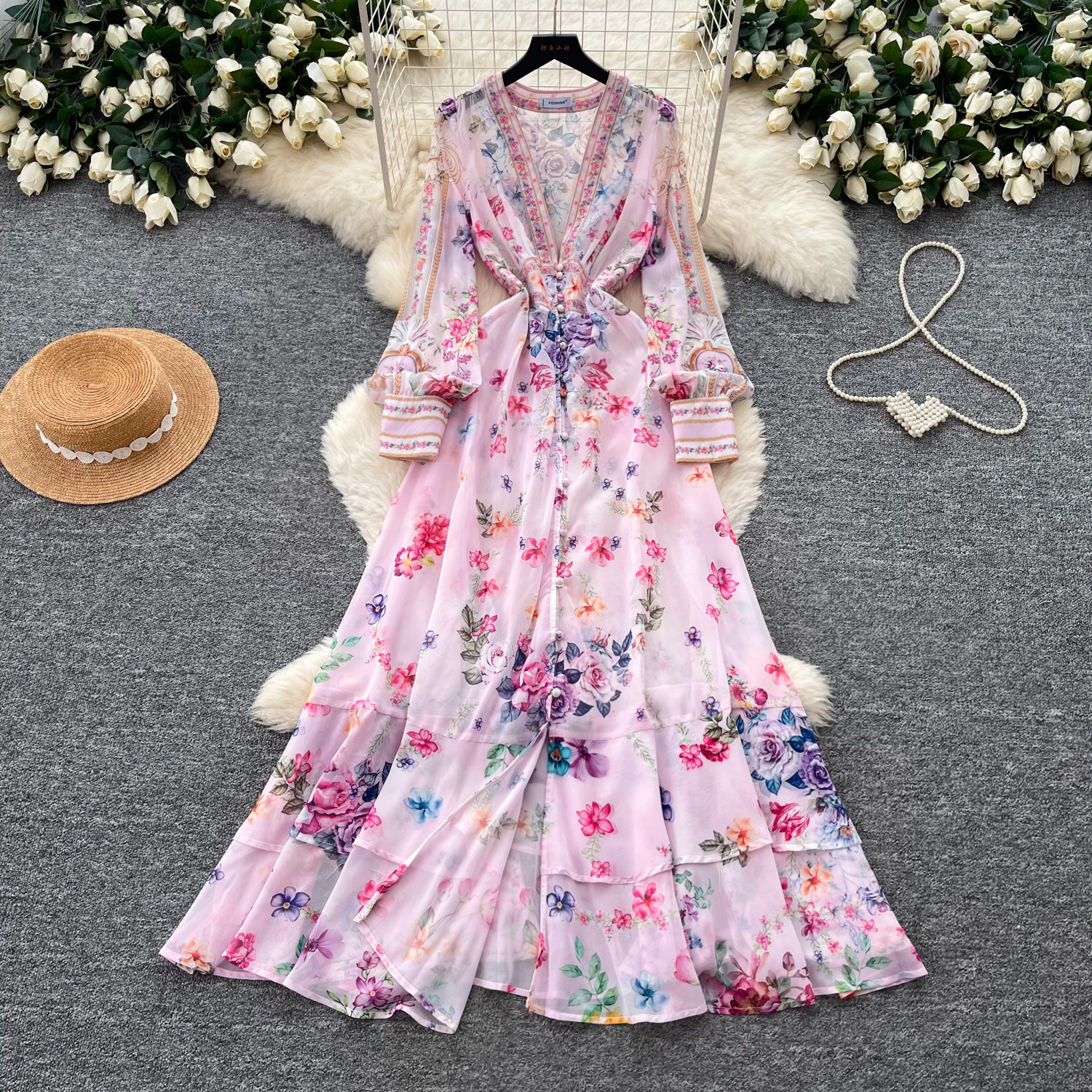Floral Print Long Sleeve A Line Dress French Vacation Style Bell Sleeves Waist Tie Elegant Design Perfect for