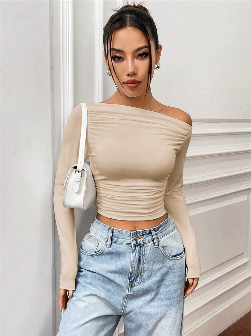 Slim Fit Asymmetrical Long Sleeve Womens T Shirt Versatile Design Pleated Detail Spring Summer Style Wholesale