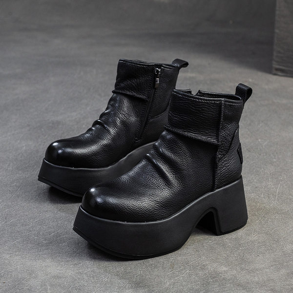 Boot Nữ Cổ Ngắn Da Bò Đế Xuồng Chiều Cao Đế Khoảng 6cm Phong Cách Retro Màu Đen, Nâu