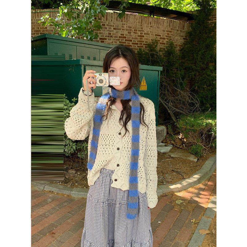 春季镂空翻领开衫休闲纯色波西米亚风针织开衫巨好看女装
