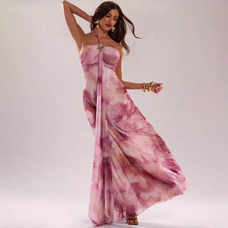 Summer Womens Tie Dye Backless Bodycon Dress Stylish Sexy Halter Neck Comfortable Fabric Perfect for Parties and