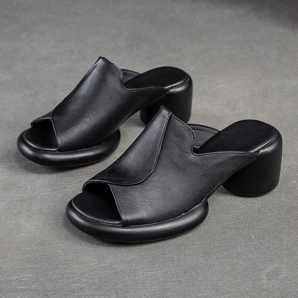 Dép Hở Mũi Nữ Da Bò Gót Vuông Chiều Cao Đế Khoảng 5cm Màu Đen, Nâu