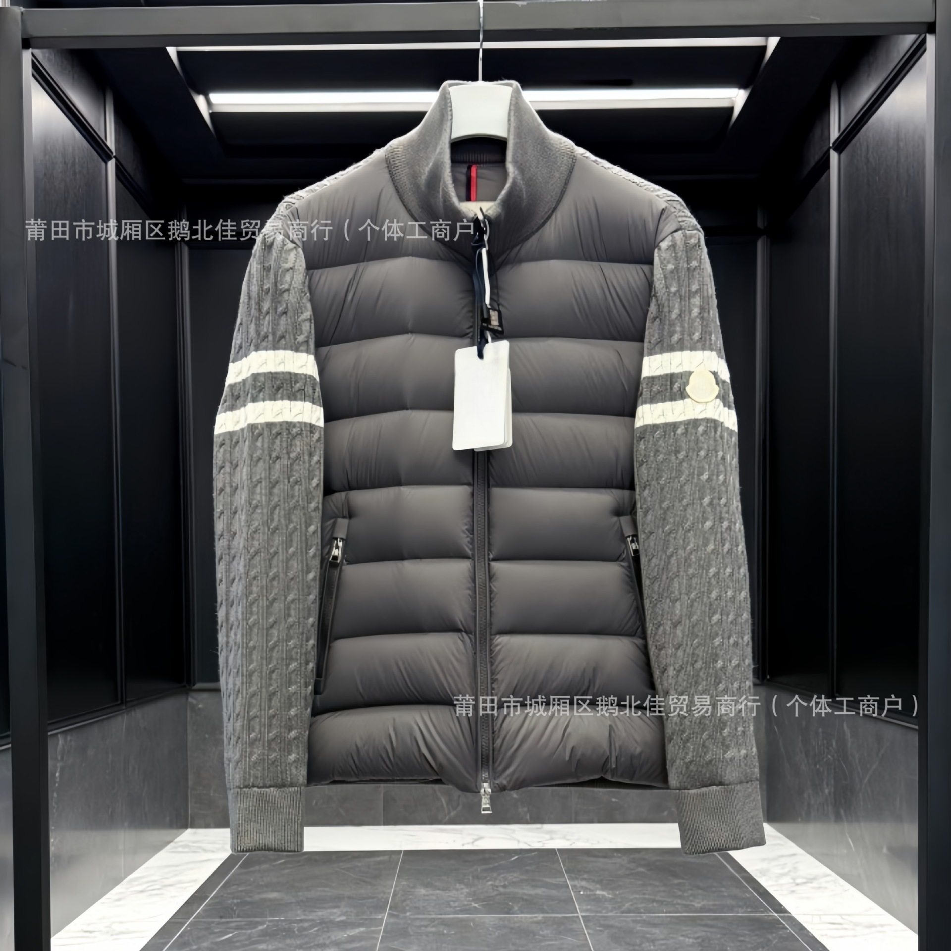 Padded Corduroy down Jacket with Knitted Sleeves for Men and Women, Stand Collar, Zipper, Striped Wool Splicing Jacket