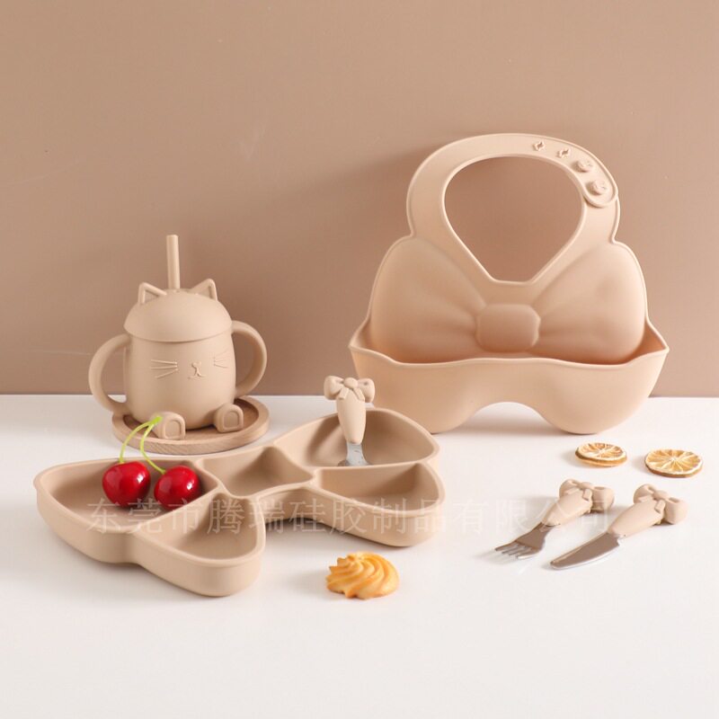 Amazon New Silicone Tableware suit Children's Supplementary Food Bow Split Plate Baby Dining Bib Fork Spoon