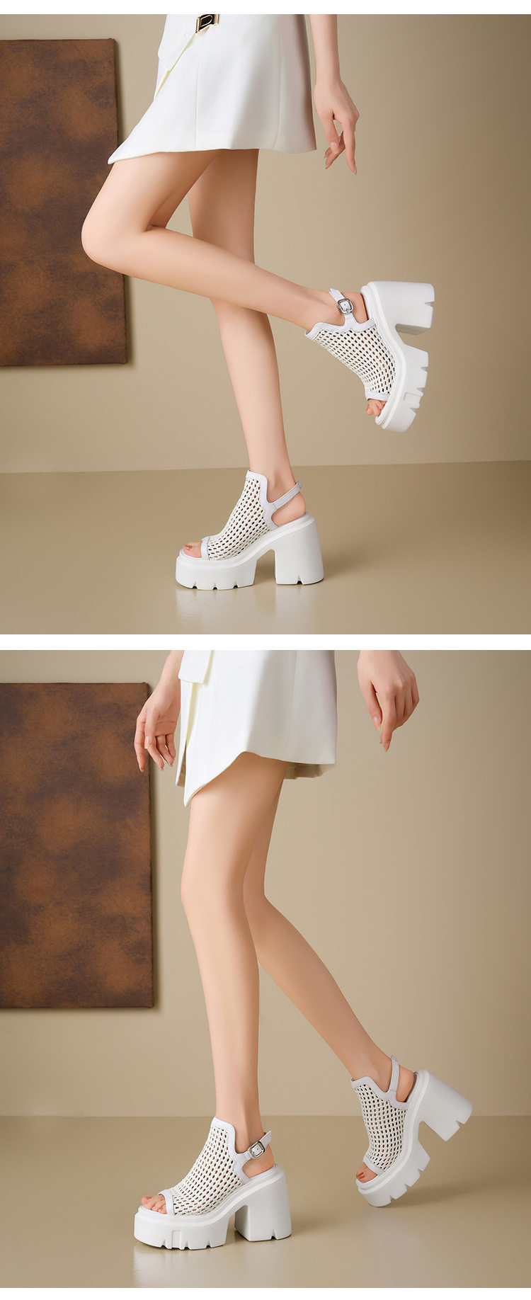 Sandal cao gót nữ hở mũi quai ngang đan chéo, gót siêu cao 9 cm — Đen, Áo khoác sáng, Trắng chi tiết 8