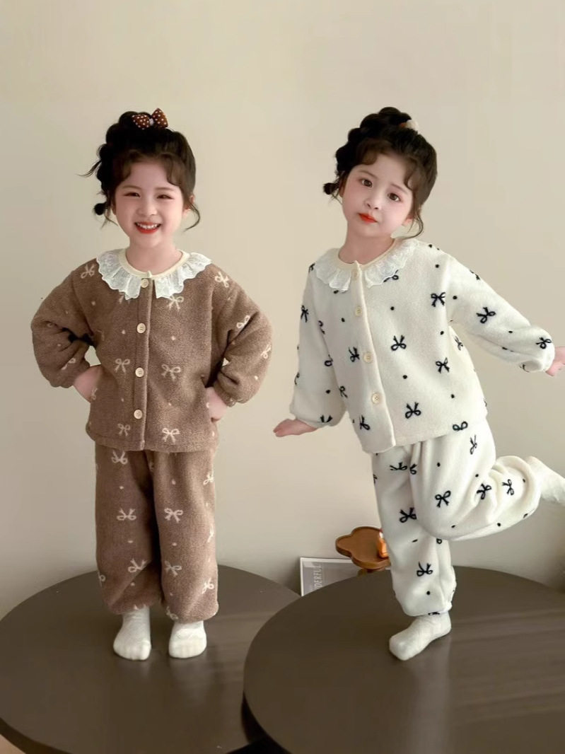 Set pemanas anak baru, koleksi musim gugur dan dingin, piyama kardigan bulu karang anak perempuan, set pakaian rumah bayi