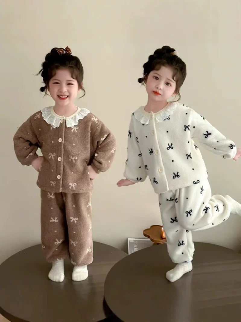 Set pemanas anak baru, koleksi musim gugur dan dingin, piyama kardigan bulu karang anak perempuan, set pakaian rumah bayi