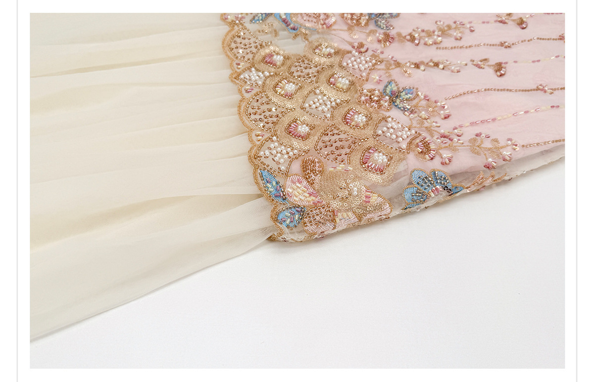 Đầm dài nữ thêu đính sequin phối ren tay cánh tiên dáng chữ A — Màu hồng nhạt