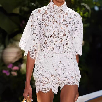 Women's Two-Piece Clothing Polo Collar Lace Top Short Lace Shorts Suit Casual Fashion Sexy