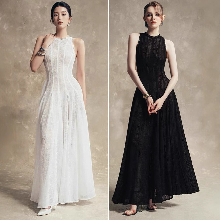 Đầm maxi nữ thắt eo cổ tròn không tay dáng suông — Trắng (không tay), Đen (không tay), Trắng (tay dài), Đen (tay dài)
