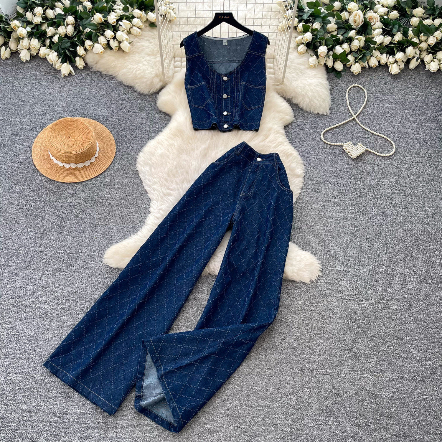 Korean Style Womens Denim Two Piece Set Sleeveless Top High Waisted Trousers Slim Fit Summer Casual Wear Wholesale