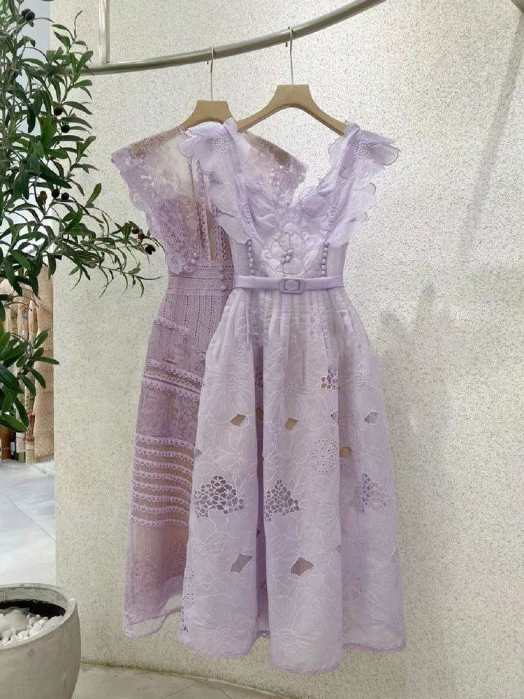 Đầm maxi nữ thắt eo cổ chữ V tay loe họa tiết thêu 3D — Hồng mặt, Mơ chi tiết 6
