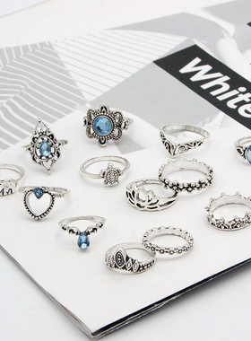 欧美饰品复古镶钻雕花皇冠星空石13件套组合套装戒指