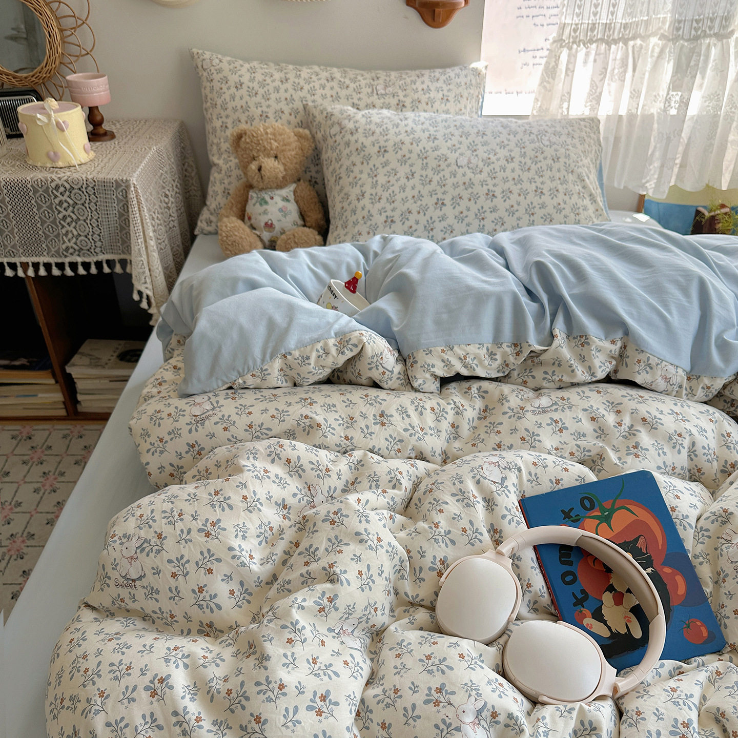 Super Soft Class a Maternal and Infant Grade Washed Cotton Four-Piece Set Ins Pure Cotton Small Fresh Bed Bed Sheets Quilt Cover Student Dormitory Three-Piece Set