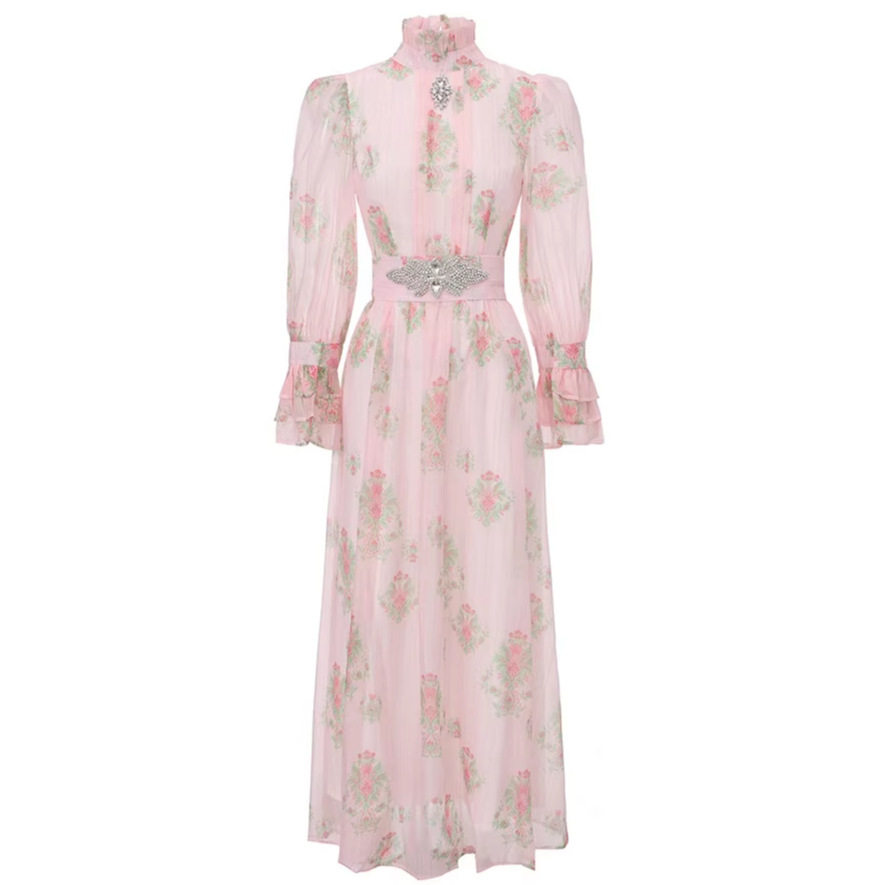 French Court Style Embroidered Lantern Sleeve Dress Summer Slim Fit A Line Rhinestone Accents Elegant Evening Wear
