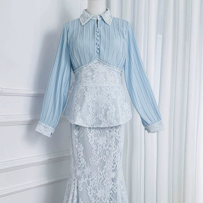 Chiffon Top with Lace Skirt Set Elegant Beaded Jacket Mermaid Hem Chic Design Perfect for Parties and Special