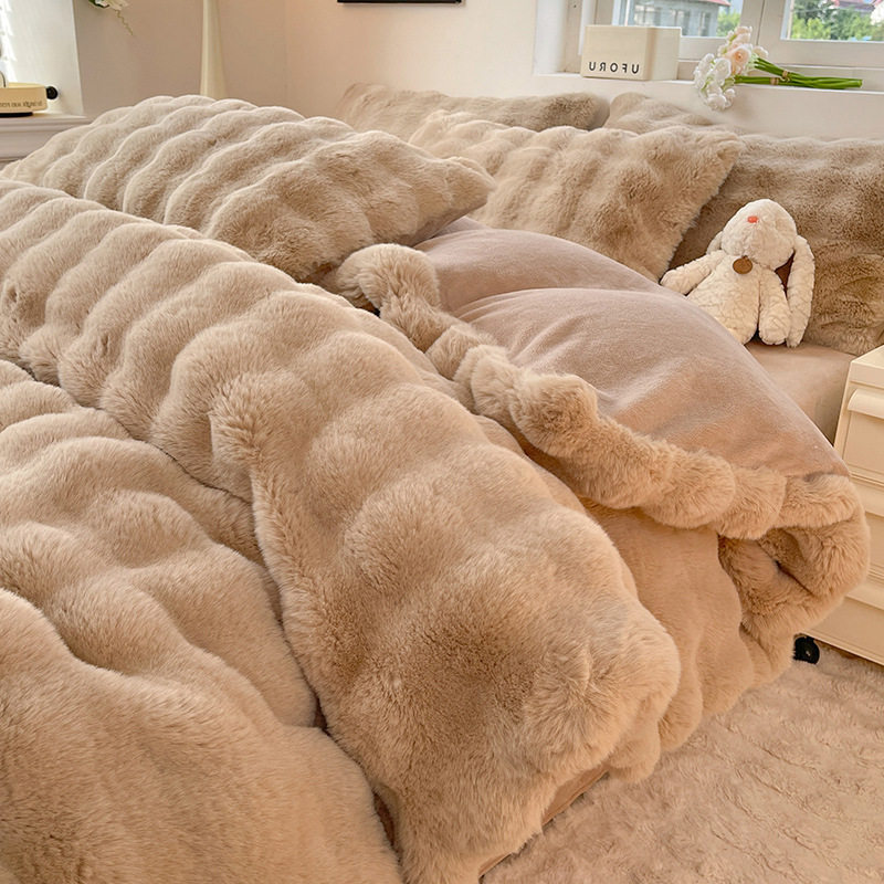 Thick Rabbit Plush Milk Velvet Four-Piece Set Winter Warm Rabbit Velvet Bed Bed Sheets Quilt Cover Lazy Rabbit Velvet Coral Velvet 4