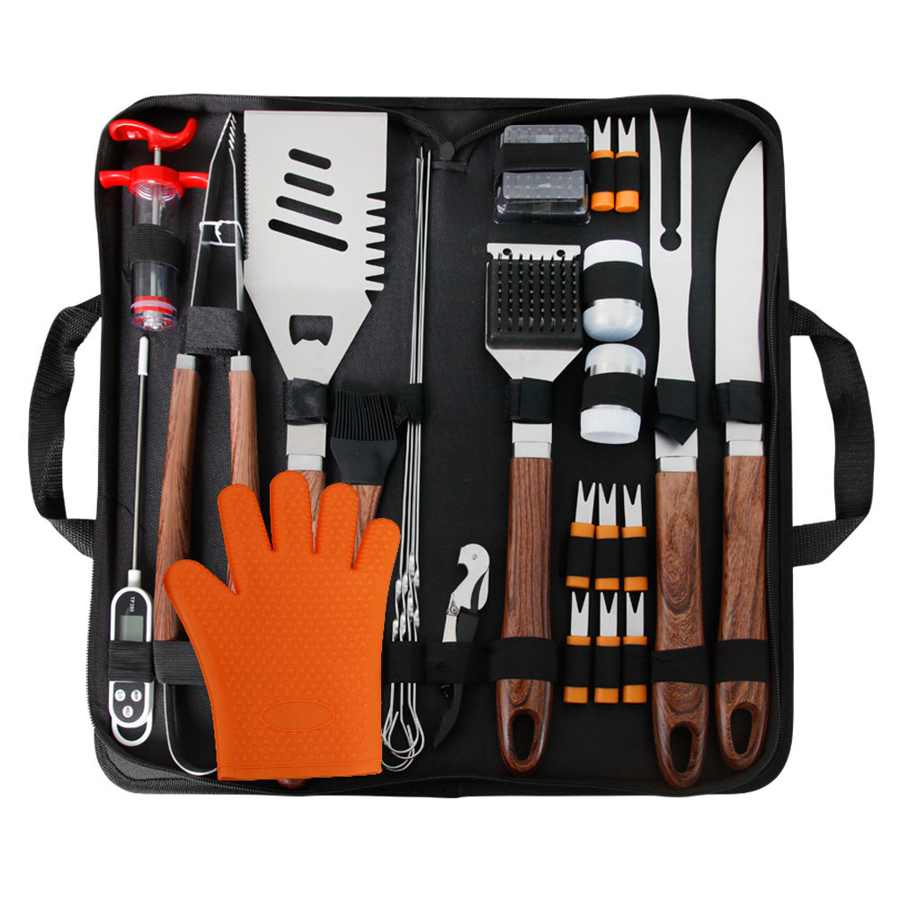 Cross-Border Hot-Selling Barbecue Set 26-Piece Bbq Outdoor Barbecue Tool Set Imitation Colored Wood Pp Handle Grill Set in Stock
