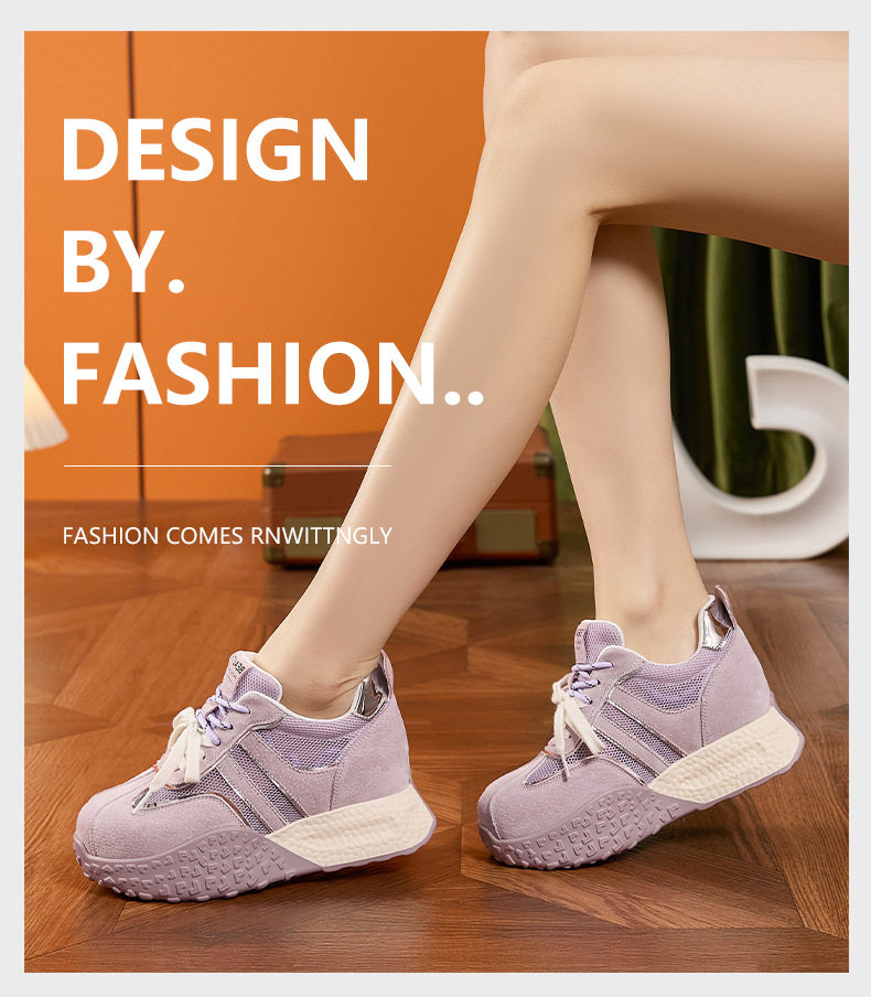 Giày sneaker nữ đế dày chunky da microfibre phong cách đơn giản, gót siêu cao 8cm — Len thuần, Vàng, Tím chi tiết 13