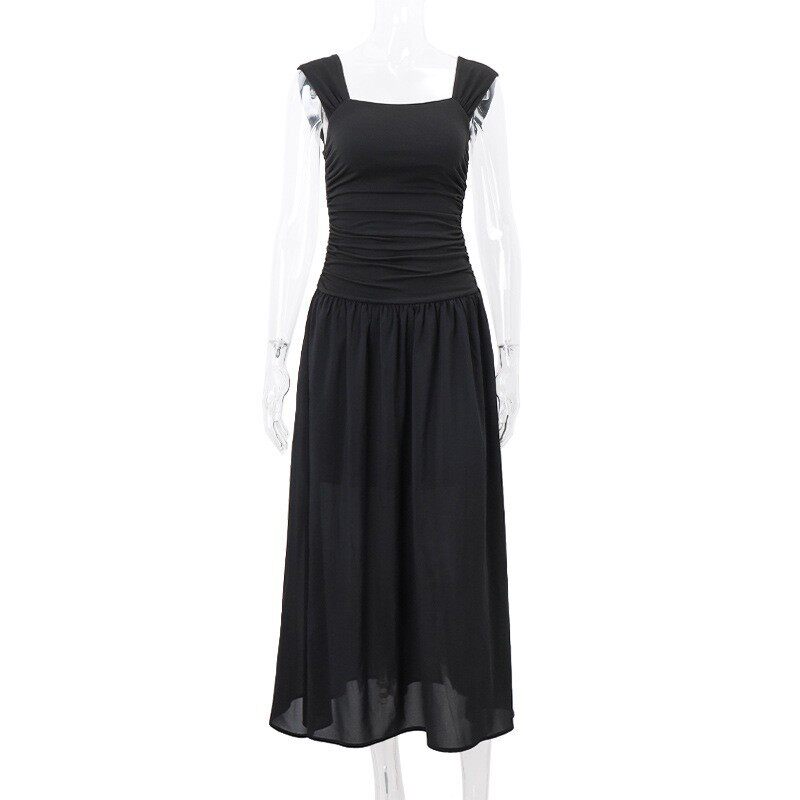 Fashionable Womens Fall Winter Dress Square Neck Ruffled Hem Waist Defining Sheer Fabric Perfect for Parties or