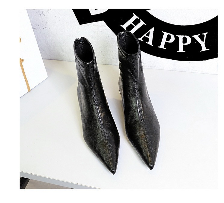 Boot nữ cổ thấp gót vừa khóa kéo sau, mũi nhọn tôn dáng, phong cách cổ điển dễ phối đồ — Lớp lót đơn màu đen, Lớp lót đơn màu nâu sẫm, Lớp lót nhung đen, Nhung màu nâu sẫm